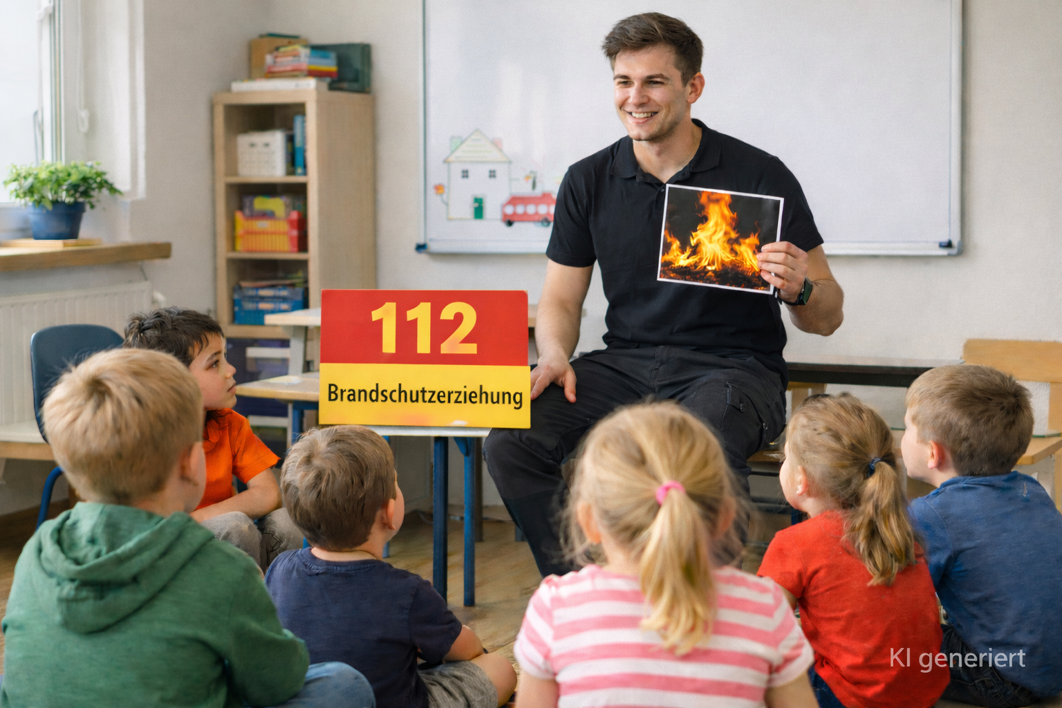 Ein junger Ausbilder in schwarzem Polo-Shirt und dunkler Arbeitshose sitzt vorne in einem hellen Klassenraum und zeigt Kindern ein Foto von Flammen. Vor ihm steht ein rot-gelbes Schild mit der Aufschrift „112 Brandschutzerziehung“, unten rechts im Bild ist ein Wasserzeichen „KI generiert“ zu sehen.